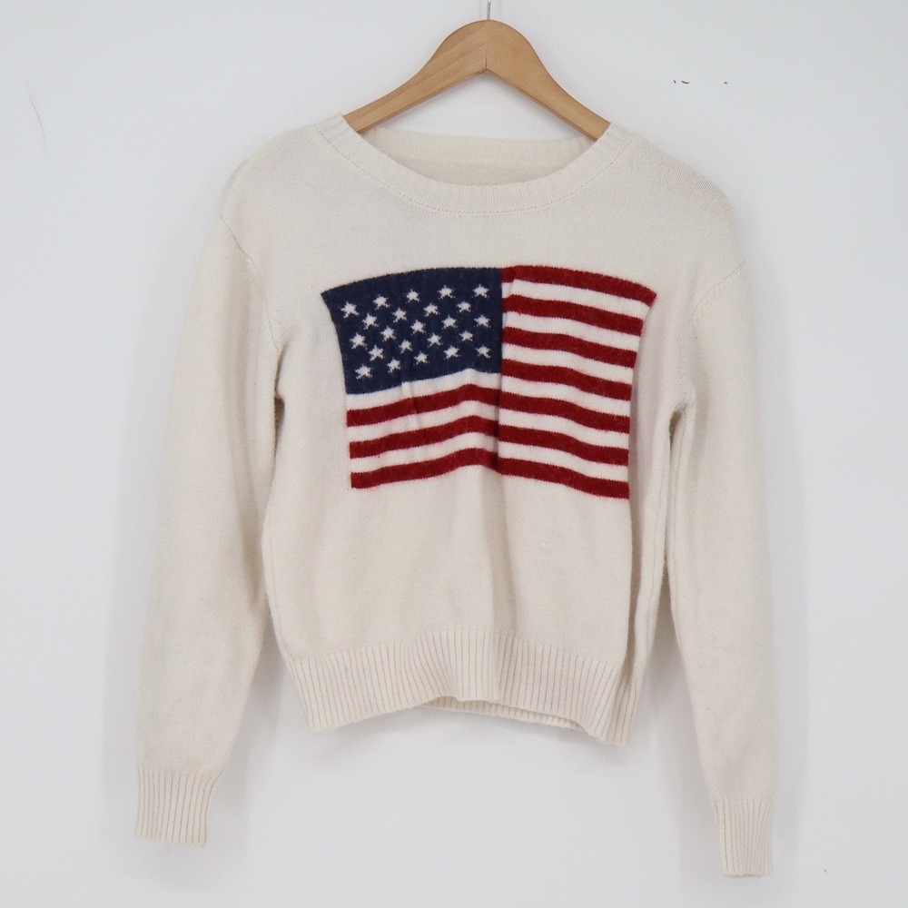 SHEIN Sweater Womens S Americana Cream American Flag Graphic Excellent